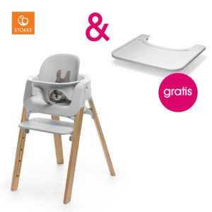 STOKKE® Steps™ Hochstuhl weiß Eiche natur inkl. Baby Set weiß + Gratis Tray weiß